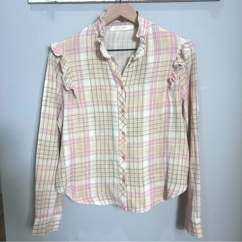 Christy Dawn Plaid Flannel Blouse Top Shirt Cottagecore Ruffle Button Western - Picture 2 of 16